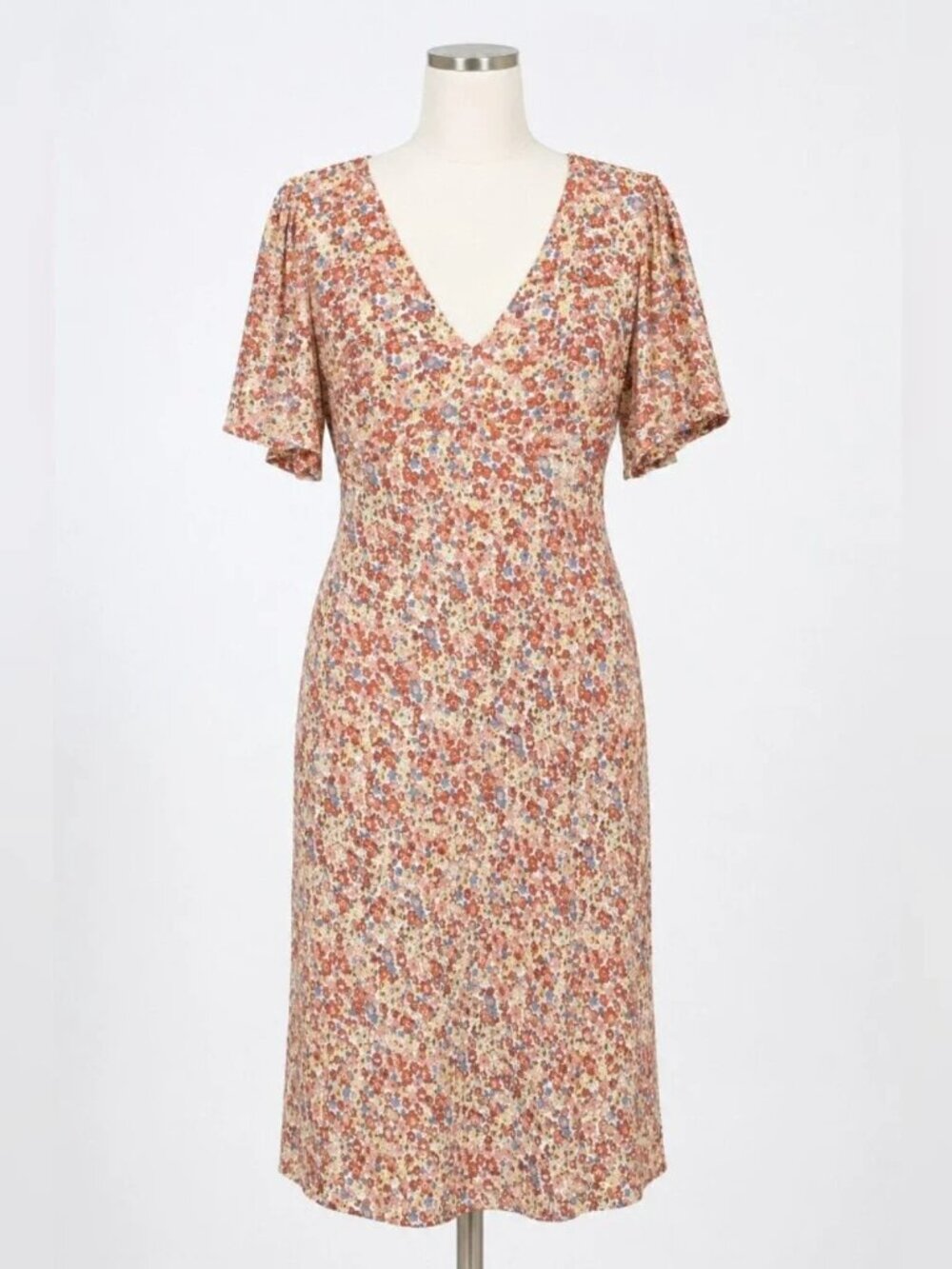 Rails Floral V-Neck Midi Dress Women's Size M Blue Rust Short Bell Sleeve